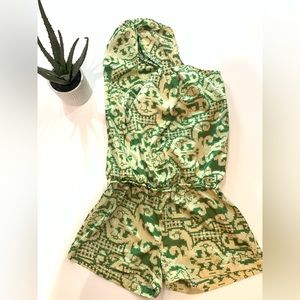 Arden B Jumper Shorts Outfit in Green Aztec and Cream color.